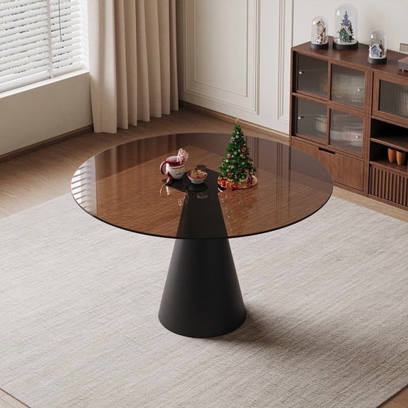 HICOMILA 35-inch Round Glass Dining Table, with Tempered Glass Tabletop&Carbon Steel legs, Suitable for 2-4 people, Small Round Dining Table for Restaurants and Apartments, Dark Brown