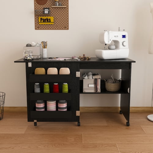 HICOMILA 4-in-1 Folding Sewing Table with Lockable Wheels & Storage Shelves – Rolling Craft Station, Multi-Purpose Desk for Small Spaces