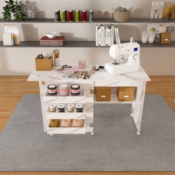 HICOMILA 4-in-1 Folding Sewing Table with Lockable Wheels & Storage Shelves – Rolling Craft Station, Multi-Purpose Desk for Small Spaces