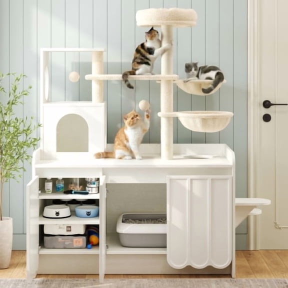 HICOMILA 50.6" All-in-One Cat Tree with Hidden Litter Box, Multi-Level Cat Tower with Scratching Post & Storage Cabinet