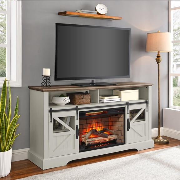 HICOMILA 60" Farmhouse Electric Fireplace TV Stand for TVs up to 70", Rustic Entertainment Center with Adjustable Flame & Storage Cabinets, Remote Control, Jasmine White