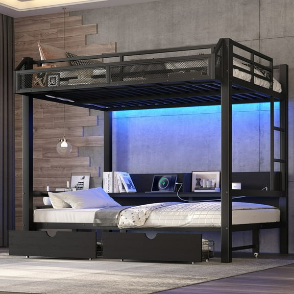 HICOMILA Bunk Bed with Bookshelves and LED Lights, Full Over Full Bunk Bed with Pull-Out Folding Bed, Heavy Duty Metal Bunk Bed Frame USB Ports and Storage Drawers (Black)