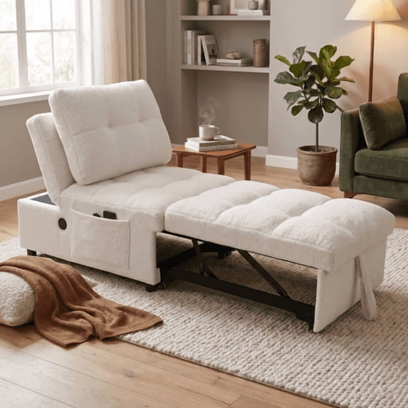 HICOMILA Convertible Single Sofa Bed, Armless Teddy Fleece Couch with USB Charging Port, Adjustable Backrest, Side Storage Pockets, Multi-Functional Chair Bed for Small Space, White