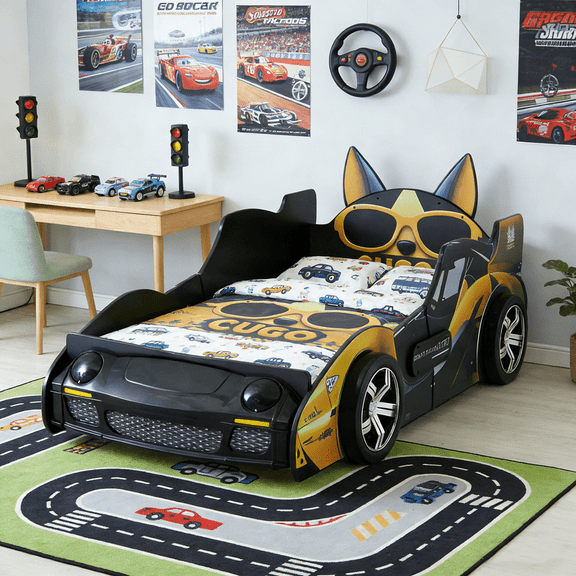 HICOMILA Cool Cartoon Dog Racing Car Twin Size Bed, Race Car Beds for Boys, LED Headlights, Guardrails, Easy Assembly