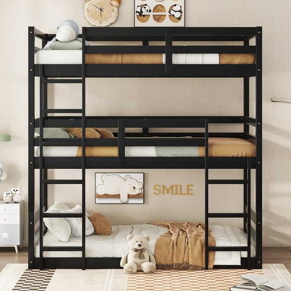 HICOMILA Detachable Triple Twin Rubber Wood Bunk Bed with Dual Built-In Ladders & Full Guardrails, Vertical Space Saving Three Tier Solid Wood Bed, American Minimalist Style, Black