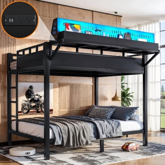 HICOMILA Full Over Full Bunk Bed with LED Lights & USB Ports, Metal Frame with Pegboard