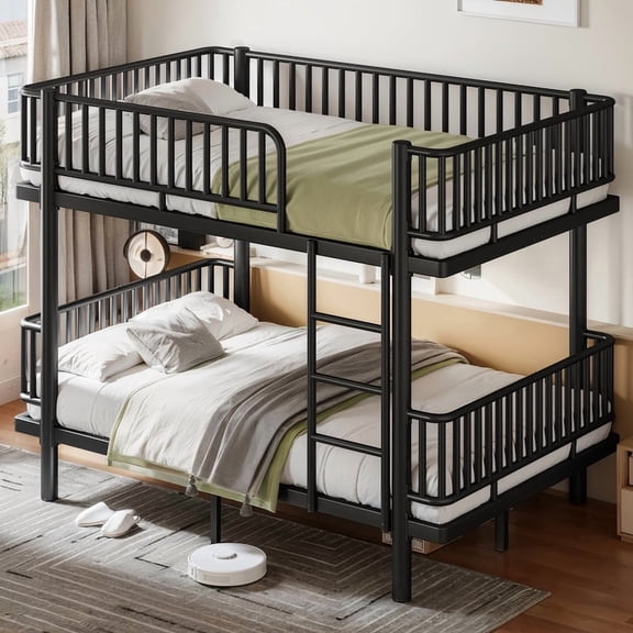 HICOMILA Full Over Full Bunk Bed with Ladders & Guardrails, Convertible Metal Bunk Bed with Upgraded Safety Round-Pipe Design, Black