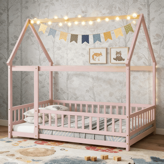 HICOMILA Full Size House Floor Bed with Roof, Wooden House Bed with Guardrails,Montessori Floor Bed for Bedroom, Childlike Design, Easy Assembly, Pink