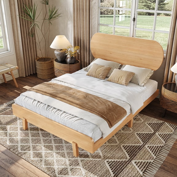 HICOMILA Full Size Bamboo Platform Bed Frame with Rounded Headboard, Solid Wood Bed with Slats Support, Low Profile Modern Bed Frame, No Box Spring Needed, Natural Finish for Bedroom