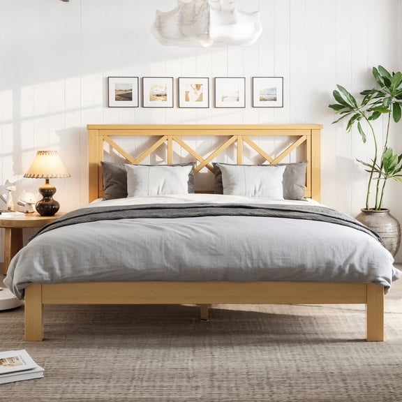 HICOMILA Full Size Bamboo Platform Bed Frame with X-Shape Headboard, Reinforced Support Slats, No Box Spring Required, Mid-Century Style, Natural