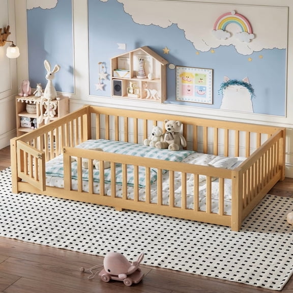 HICOMILA Full Size Floor Bed with Full Surround Safety Guardrails & Removable Door, Low-to-Ground Natural Pine Wood Transition Floor Bed