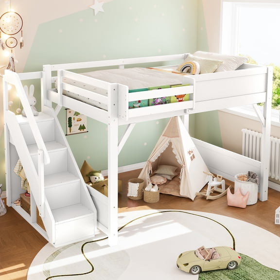 HICOMILA Full Size Loft Bed with Built-in Wardrobe and Storage, Solid Wood Loft Bed with Stairs, Bedside Shelves and Full-Length Guardrails, No Box Spring Needed, White