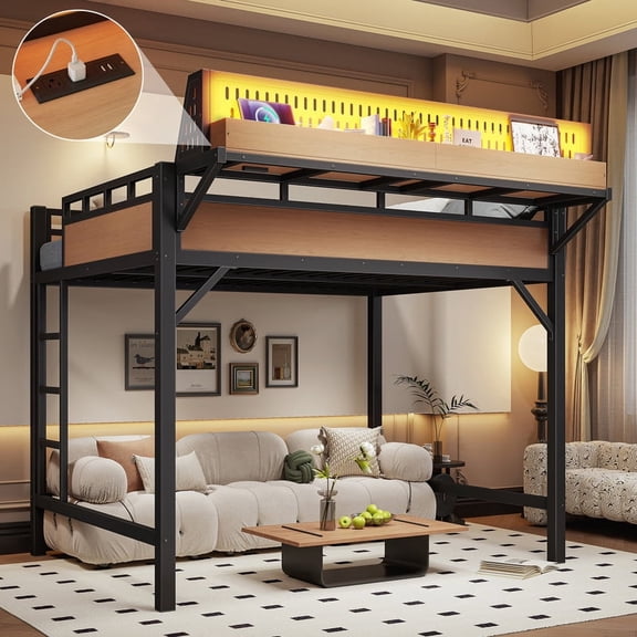 HICOMILA Full Size Loft Bed Frame with Storage Shelves and Pegboard, Metal Loft Bed with USB Ports and LED Lights, Safe and Sturdy, Natural