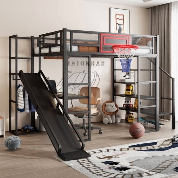 HICOMILA Full Size Metal Loft Bed Frame with Built-in Desk, Open Wardrobe, Basketball Hoop, Slide and Staircase - Platform Bed Frame with Headboard, Black Metal Bedroom