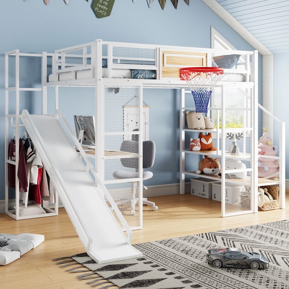 HICOMILA Full Size Metal Loft Bed Frame with Built-in Desk, Open Wardrobe, Basketball Hoop, Slide and Staircase - Platform Bed Frame with Headboard, White Metal Bedroom