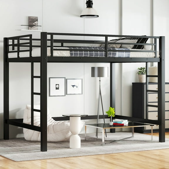 HICOMILA Full Size Metal Loft Bed with Safety Guard Rails & Flat Ladder, Bed Frame for Teens and Adults, Black
