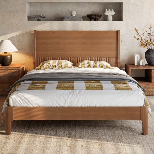 HICOMILA Full Size Platform Bed with Tall Headboard, Solid Bamboo-made Platform BedfFrame with Support Slats, Full Bed Frame for Bedroom, Guest Rooms, Dorms, Warm Brown