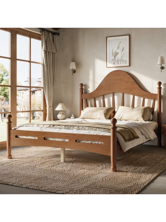 Full Size Platform Bed With Curved Headboard, Solid Pine Wood Frame Slat Support, No Box Spring Needed Low Profile Base, Antique Brown