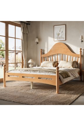 Full Size Platform Bed With Curved Headboard, Solid Pine Wood Frame Slat Support, No Box Spring Needed Low Profile Base, Natural