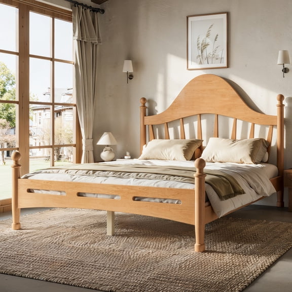 HICOMILA Full Size Platform Bed With Curved Headboard, Solid Pine Wood Frame Slat Support, No Box Spring Needed Low Profile Base, Natural