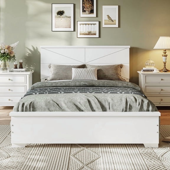 HICOMILA Full Size Platform Bed with Chic Design Headboard, Modern Full Bed Frame with Wood Slats Support, Low Profile Bed Frame, White