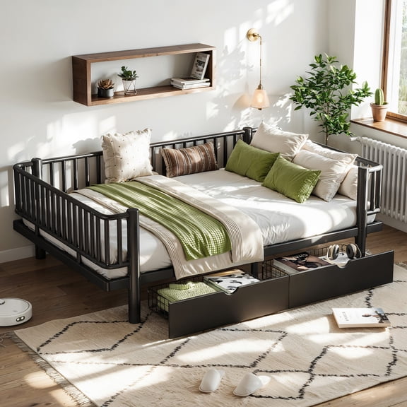 HICOMILA Full Size Platform Bed with Storage Drawers, Metal Daybed Frame with Upgraded Safety Round-Pipe Design, Low Profile Design, Black