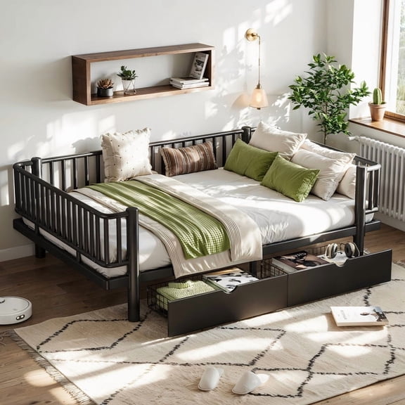 HICOMILA Full Size Platform Bed with Storage Drawers, Metal Daybed Frame with Upgraded Safety Round-Pipe Design, Low Profile Design, Black