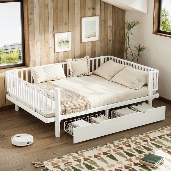 HICOMILA Full Size Platform Bed with Storage Drawers, Metal Daybed Frame with Upgraded Safety Round-Pipe Design, Low Profile Design, White