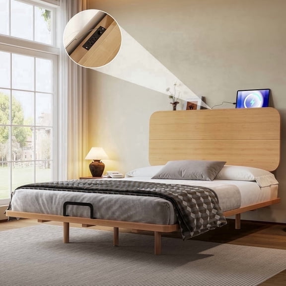 HICOMILA Full Size Solid Bamboo Floating Platform Bed with Headboard, Built-in USB Charging Ports & Support Slats, No Box Spring Needed, High Weight Capacity for Bedroom, Guest Room (Natural)
