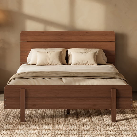 HICOMILA Full Size Solid Bamboo Platform Bed with Headboard, Upgraded Support Slats, No Box Spring Needed, Noise-Reducing Frame for Bedroom, Guest Room (Brown)