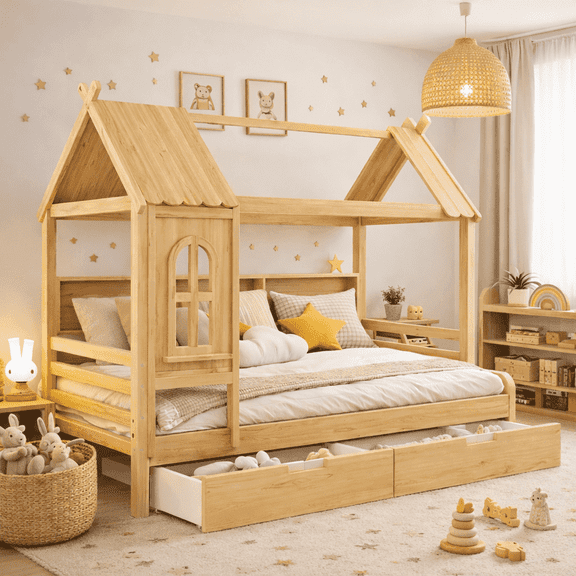 HICOMILA Full House Bed with Storage Drawers and Shelves, Solid Wood House Platform Bed Frame with Roof Design for Boys Girls, Wooden Twin Bed with Built-in Storage, Childlike Design, Natural