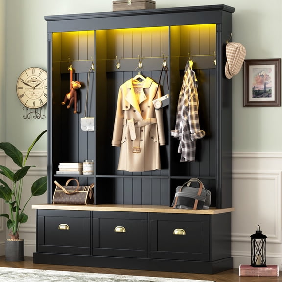 HICOMILA Hall Tree with Bench and Shoe Storage, 59" x 75" Entryway Bench with 9 Coat Racks, Led Lights and 3 Cabinets, Entryway Organizer with Storage Shelves for Mudroom, Hallway, Black