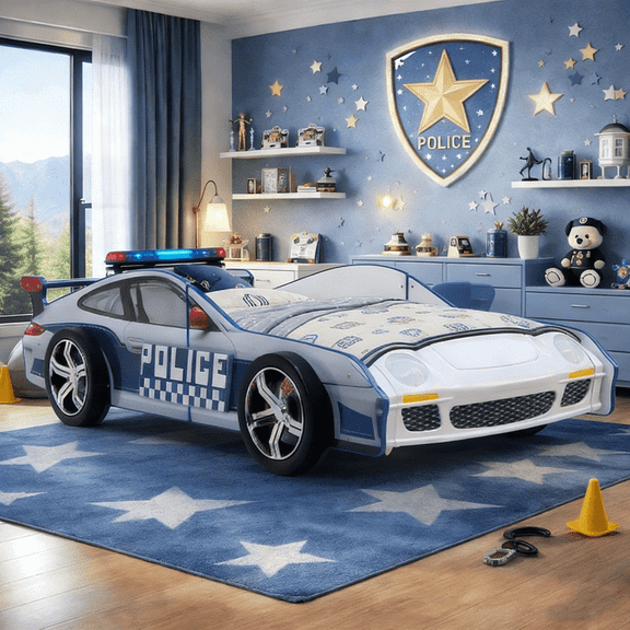 HICOMILA Hero Patrol Police Car Twin Bed ,Policeman Beds, Twin Bed Frame for Boys, LED Headlights, Full Guardrails,Easy Assembly