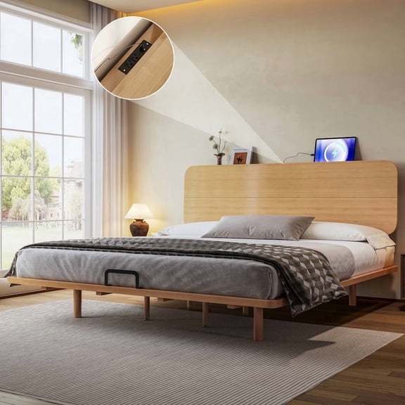 HICOMILA King Size Solid Bamboo Floating Platform Bed with Headboard, Built-in USB Charging Ports & Support Slats, No Box Spring Needed, High Weight Capacity for Bedroom, Guest Room (Natural)