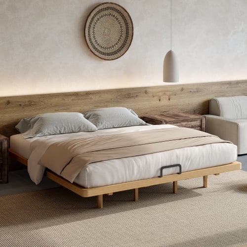 HICOMILA King Solid Bamboo Low Profile Platform Bed, Floating Frame with Durable Slat Support – Box Spring Not Required, Space-Saving Underbed Storage, Quick Easy Assembly, Natural Modern for Home