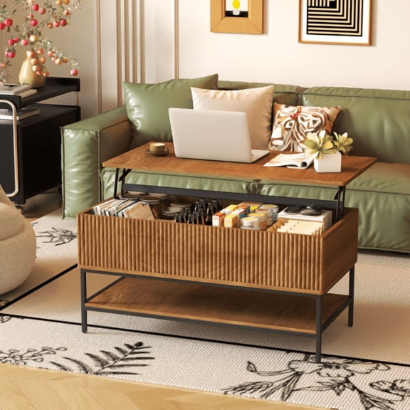 HICOMILA Lift Top Coffee Table 39.4 Inch Rectangle, Farmhouse Style with Hidden Storage & Lower Shelf, Sturdy Steel Legs, Easy Assembly for Living Room, Rustic Brown