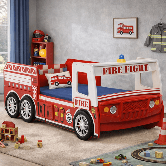 HICOMILA Twin Size Car Bed, Fire Truck Bed, Firefighter Beds, Boys Twin Car Beds, Red LED Headlights & Guardrails for Play & Sleep