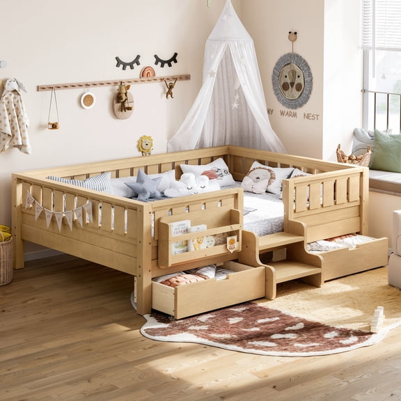 HICOMILA Low Profile Solid Pine Full Storage Platform Bed with Built-In Headboard Bookshelf, Dual Underbed Storage Drawers & Full Rounded Stair Safety Rails, Light Natural