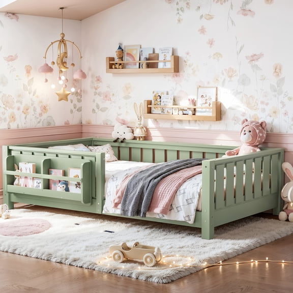 HICOMILA Low Profile Twin Wooden Platform Bed Frame with Integrated Bookcase Headboard, Sturdy Floor Rest Bed with Full Slat Support, No Box Spring Required, Green