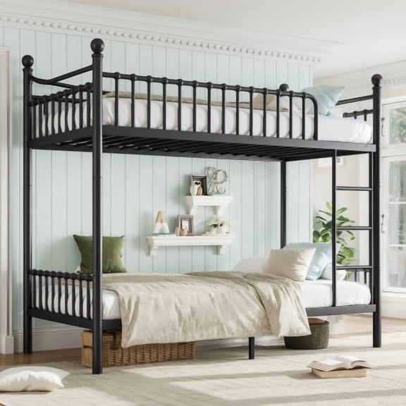HICOMILA Metal Bunk Bed with Curved Guardrails - Round Tube Frame