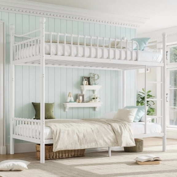 HICOMILA Metal Bunk Bed with Curved Guardrails - Round Tube Frame