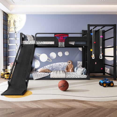 HICOMILA Metal Loft Bed with Basketball Hoop and Climbing Wall
