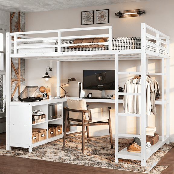 HICOMILA Full Size Metal Loft Bed with Wardrobe and L-Shaped Desk, Loft Bed Frame with Storage Cubes and Shelves, Space-Saving Loft Bed with Guardrails, White