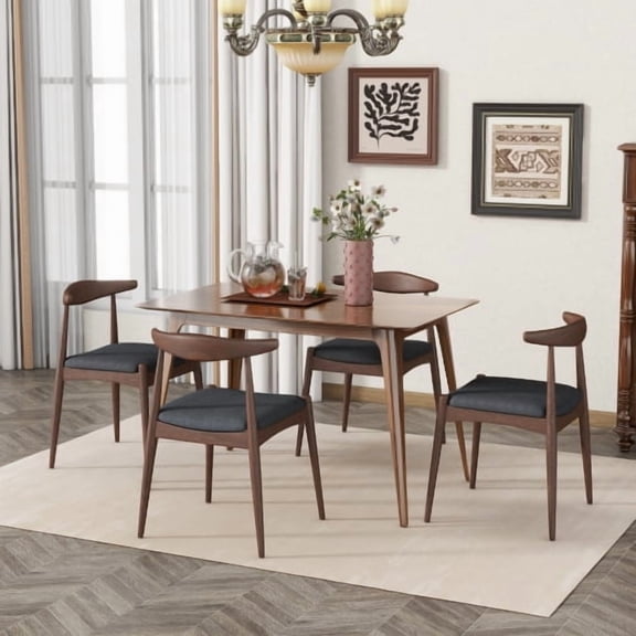 HICOMILA Mid-Century 5-Piece Dining Set, 47.20" Faux Wood Top Table with 4 Upholstered Chairs, Seats 4, Light Gray & Walnut