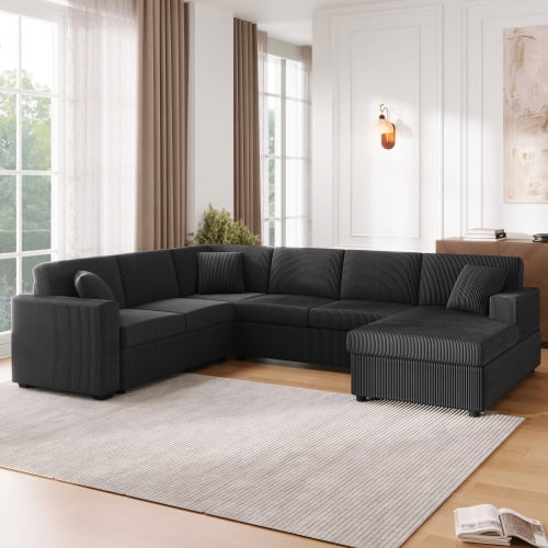 HICOMILA Modular Sectional Sofa with Chaise Lounge, U Shaped Sofa Set 5 Seats Fabric Couch for Living Room, Black