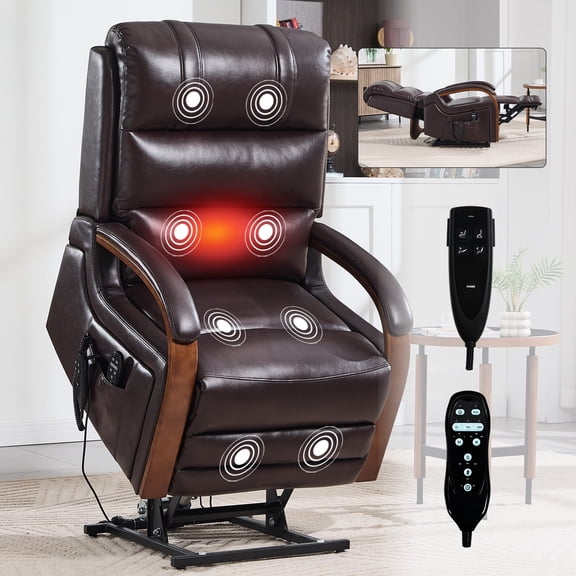HICOMILA Power Lift Recliner Chair with Heat & Massage, Leatheraire Dual Motor Infinite Position Reclining Sofa with Solid Wood Armrests, Heavy Duty Mechanism, 350 LBS Capacity, Dark Brown