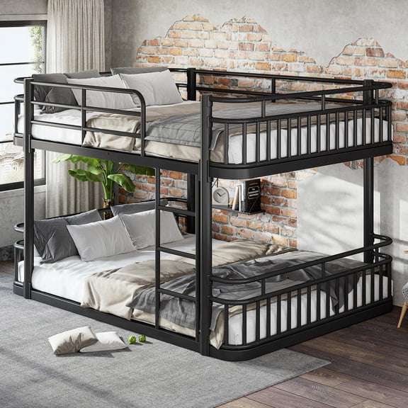 HICOMILA Queen Low Profile Metal Bunk Bed with Guardrails & Ladder, Upgraded Round-Pipe Frame, Noise-Free Space Saving Furniture for Bedroom Apartment Dorm, Black