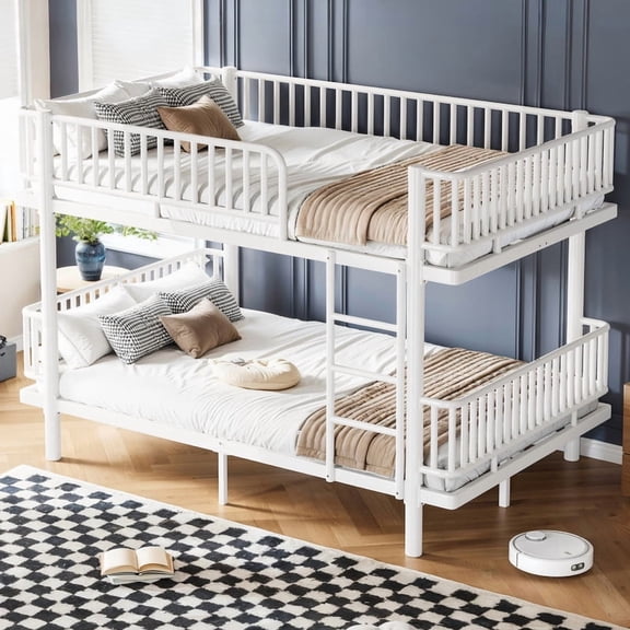 HICOMILA Queen Over Queen Bunk Bed with Ladders & Guardrails, Convertible Metal Bunk Bed with Upgraded Round-Pipe Design, Light White