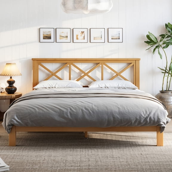 HICOMILA Queen Size Bamboo Platform Bed with "X" Design Headboard, Upgraded Support Slats, No Box Spring Needed, Mid-Century Style, Brown for Bedroom, Guest Room