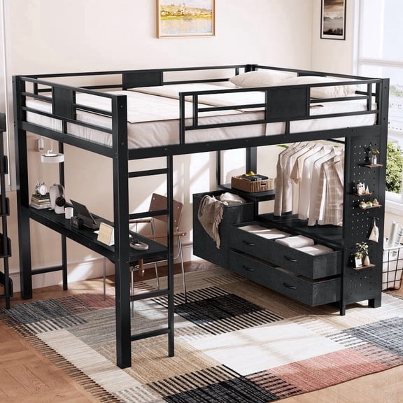 HICOMILA Queen Loft Bed with Desk, Pegboard, Clothes Pole, Storage Drawers, Laundry Bag, No Box Spring Required Metal Frame for Dorm Bedroom, Black